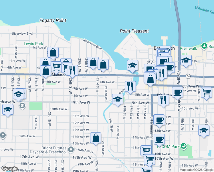 map of restaurants, bars, coffee shops, grocery stores, and more near 2111 7th Avenue West in Bradenton