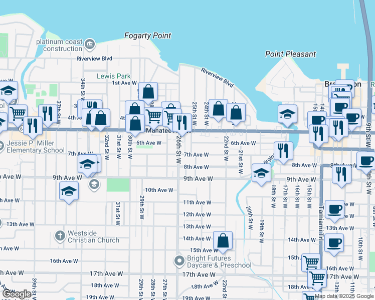 map of restaurants, bars, coffee shops, grocery stores, and more near 2529 7th Avenue West in Bradenton