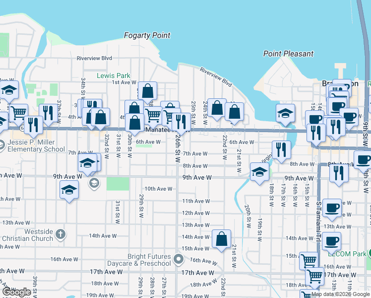 map of restaurants, bars, coffee shops, grocery stores, and more near 2529 7th Avenue West in Bradenton