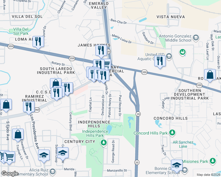 map of restaurants, bars, coffee shops, grocery stores, and more near 308 Hancock Court in Laredo