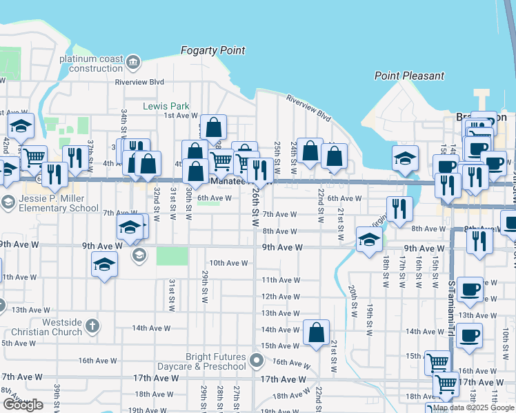 map of restaurants, bars, coffee shops, grocery stores, and more near 2529 7th Avenue West in Bradenton