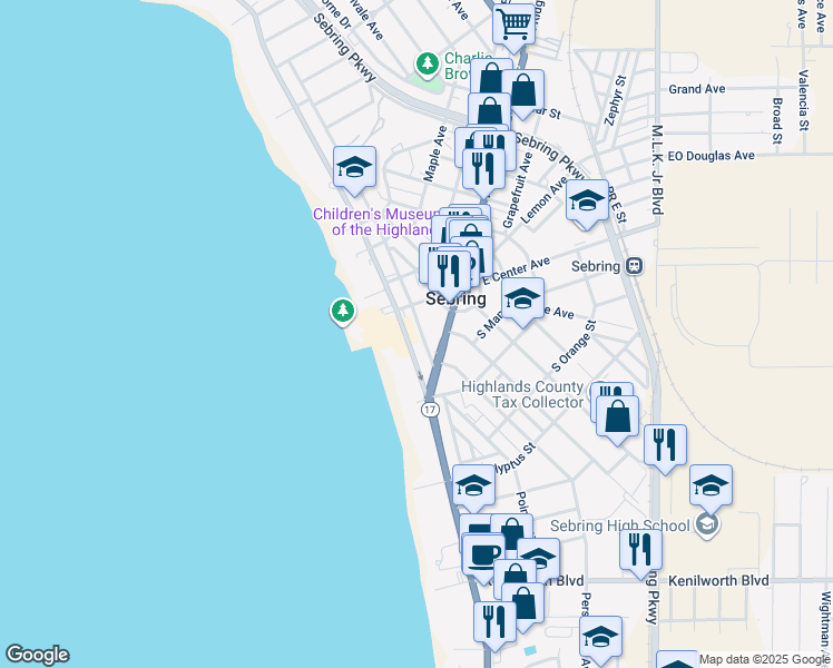 map of restaurants, bars, coffee shops, grocery stores, and more near 1960 Lakeview Drive in Sebring