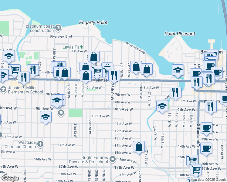 map of restaurants, bars, coffee shops, grocery stores, and more near 2529 7th Avenue West in Bradenton