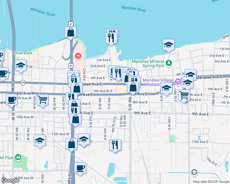 map of restaurants, bars, coffee shops, grocery stores, and more near 650 6th Avenue East in Bradenton