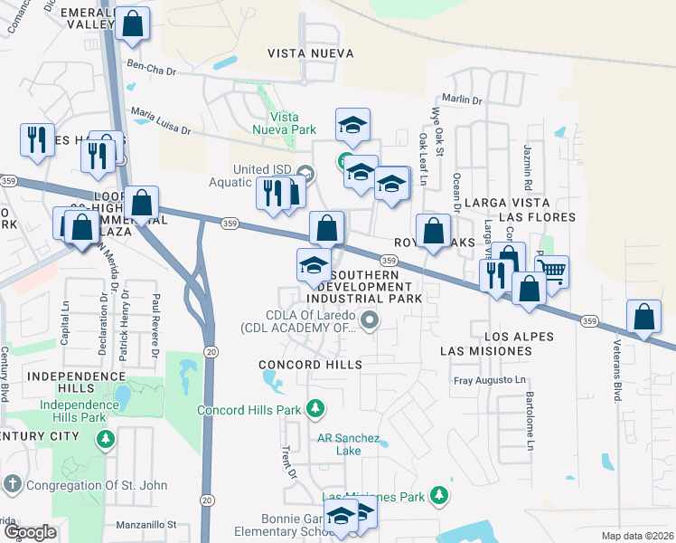 map of restaurants, bars, coffee shops, grocery stores, and more near 606 Minutemen Drive in Laredo