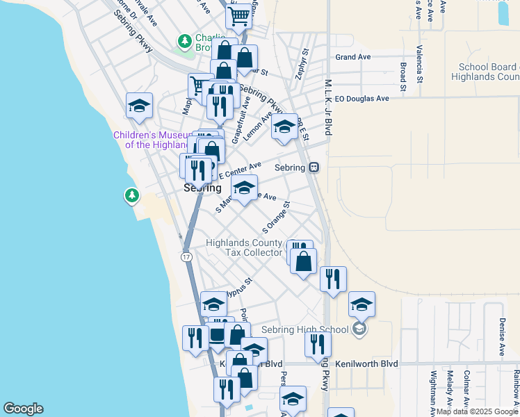 map of restaurants, bars, coffee shops, grocery stores, and more near 317 Rose Avenue in Sebring