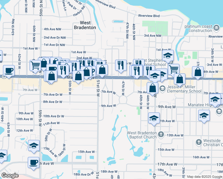 map of restaurants, bars, coffee shops, grocery stores, and more near 511 49th Street West in Bradenton