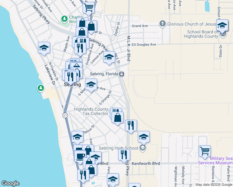 map of restaurants, bars, coffee shops, grocery stores, and more near 542 Rose Avenue in Sebring