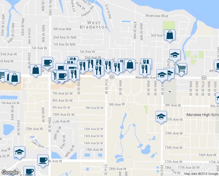 map of restaurants, bars, coffee shops, grocery stores, and more near 622 50th Street West in Bradenton