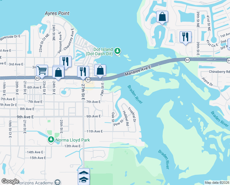 map of restaurants, bars, coffee shops, grocery stores, and more near 3013 7th Avenue Circle East in Bradenton
