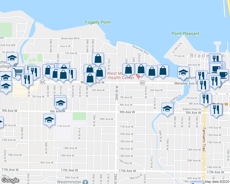 map of restaurants, bars, coffee shops, grocery stores, and more near 2525 Manatee Avenue West in Bradenton
