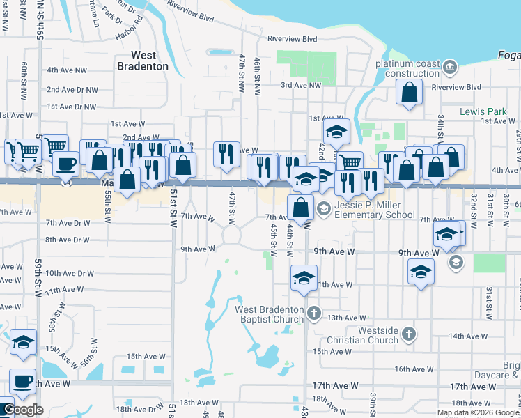 map of restaurants, bars, coffee shops, grocery stores, and more near 611 46th Street West in Bradenton