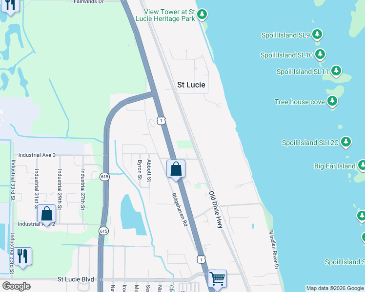 map of restaurants, bars, coffee shops, grocery stores, and more near 3429 Old Dixie Highway in Fort Pierce