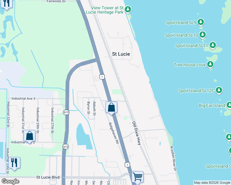 map of restaurants, bars, coffee shops, grocery stores, and more near 3429 Old Dixie Highway in Fort Pierce
