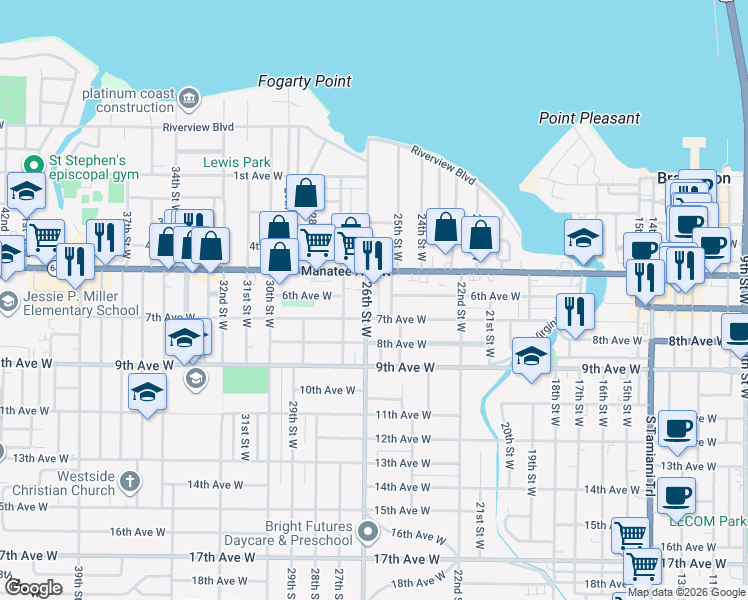 map of restaurants, bars, coffee shops, grocery stores, and more near 603 26th Street West in Bradenton