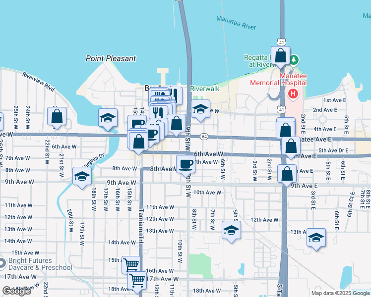map of restaurants, bars, coffee shops, grocery stores, and more near 512 10th Street West in Bradenton