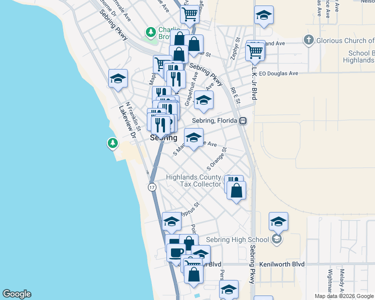 map of restaurants, bars, coffee shops, grocery stores, and more near 160 South Commerce Avenue in Sebring
