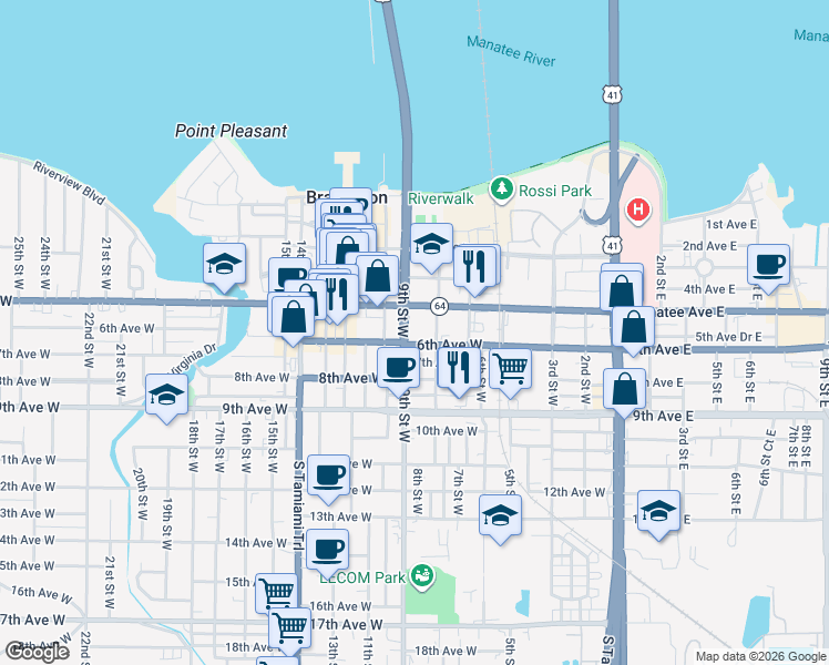map of restaurants, bars, coffee shops, grocery stores, and more near 811 Manatee Avenue West in Bradenton