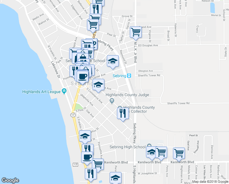 map of restaurants, bars, coffee shops, grocery stores, and more near 435 Rose Avenue in Sebring