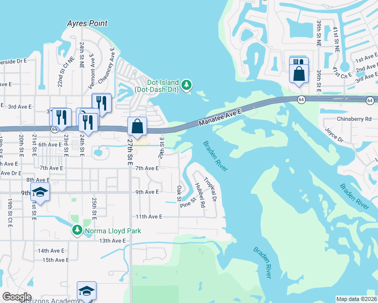 map of restaurants, bars, coffee shops, grocery stores, and more near 3013 7th Avenue Circle East in Bradenton