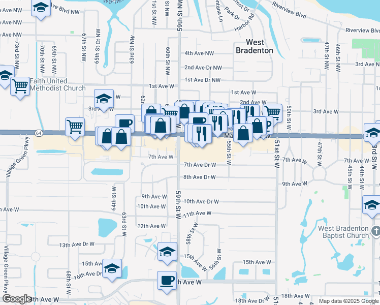 map of restaurants, bars, coffee shops, grocery stores, and more near 5805 Manatee Avenue West in Bradenton