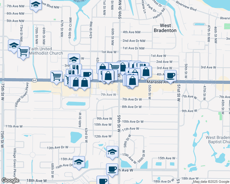 map of restaurants, bars, coffee shops, grocery stores, and more near 5902 7th Avenue West in Bradenton