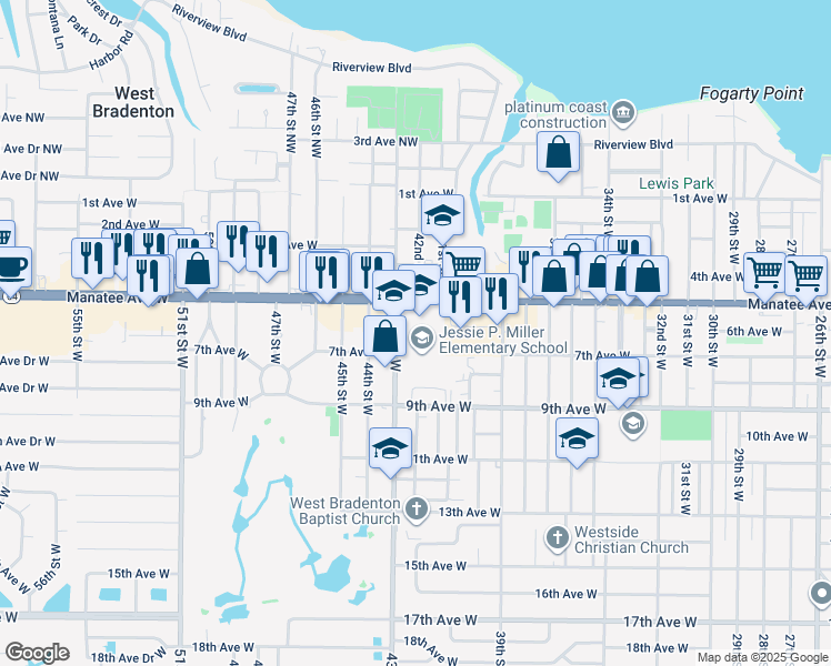 map of restaurants, bars, coffee shops, grocery stores, and more near 601 43rd Street West in Bradenton