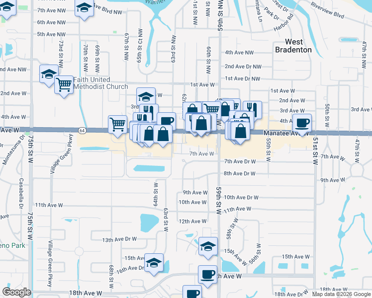 map of restaurants, bars, coffee shops, grocery stores, and more near 6201 Florida 64 in Bradenton