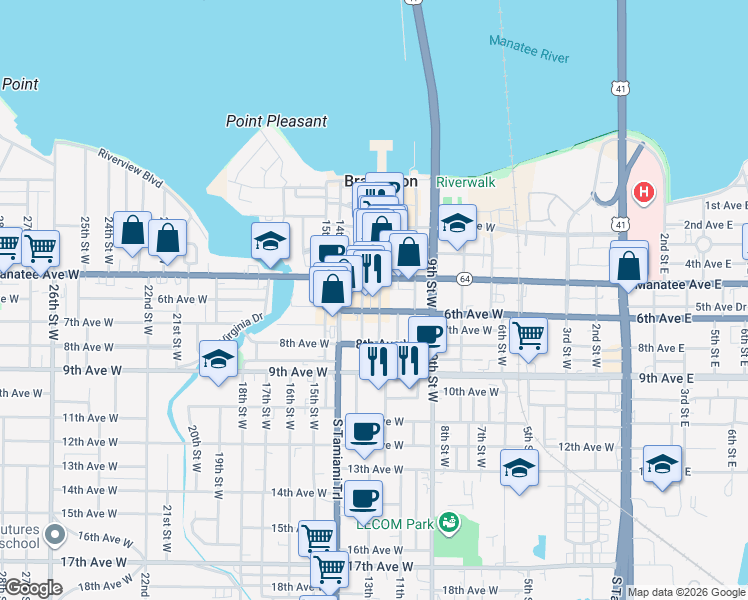 map of restaurants, bars, coffee shops, grocery stores, and more near 520 12th Street West in Bradenton