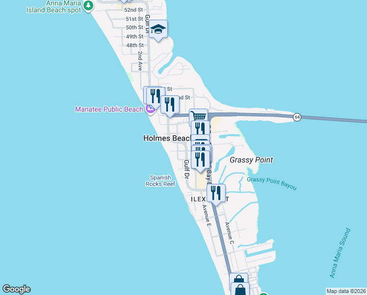map of restaurants, bars, coffee shops, grocery stores, and more near 3603 4th Avenue in Holmes Beach