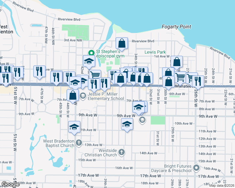 map of restaurants, bars, coffee shops, grocery stores, and more near 515 37th Street West in Bradenton