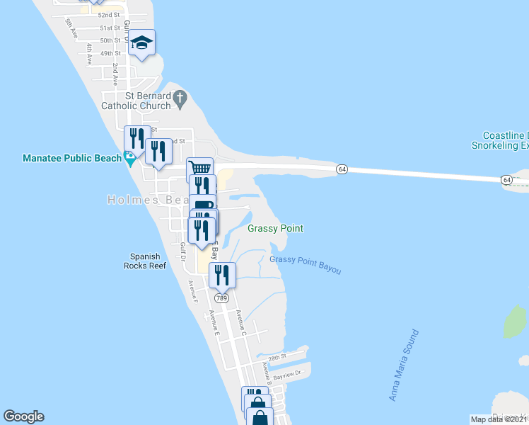 map of restaurants, bars, coffee shops, grocery stores, and more near 3601 East Bay Drive in Bradenton Beach
