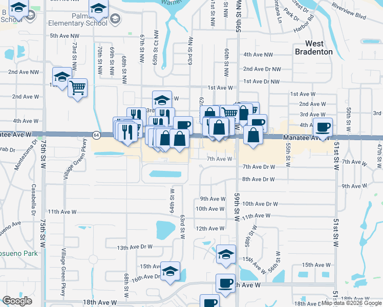 map of restaurants, bars, coffee shops, grocery stores, and more near 6348 7th Avenue West in Bradenton