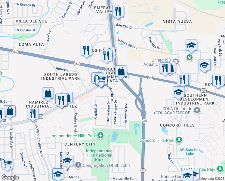 map of restaurants, bars, coffee shops, grocery stores, and more near 111 North Merida Drive in Laredo