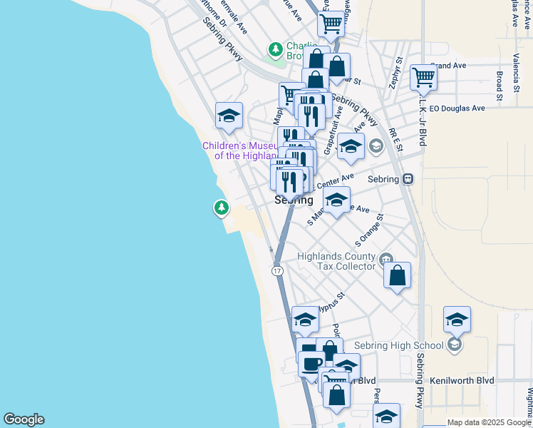 map of restaurants, bars, coffee shops, grocery stores, and more near 167 West Center Avenue in Sebring