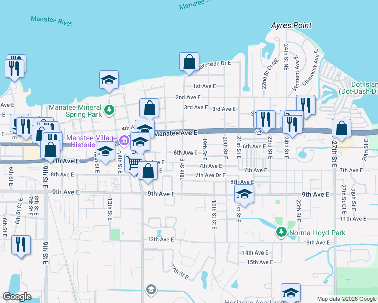 map of restaurants, bars, coffee shops, grocery stores, and more near 1821 6th Avenue East in Bradenton