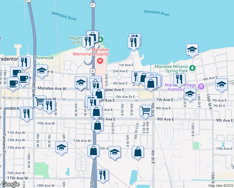 map of restaurants, bars, coffee shops, grocery stores, and more near 302 Manatee Avenue East in Bradenton