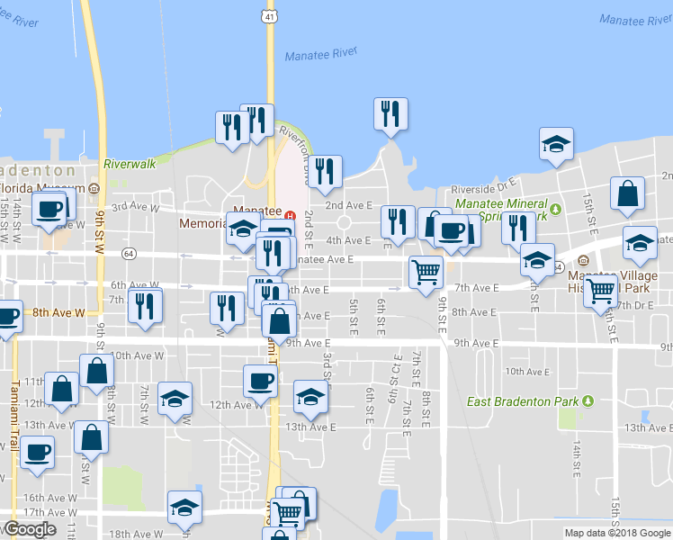 map of restaurants, bars, coffee shops, grocery stores, and more near 302 Manatee Avenue East in Bradenton