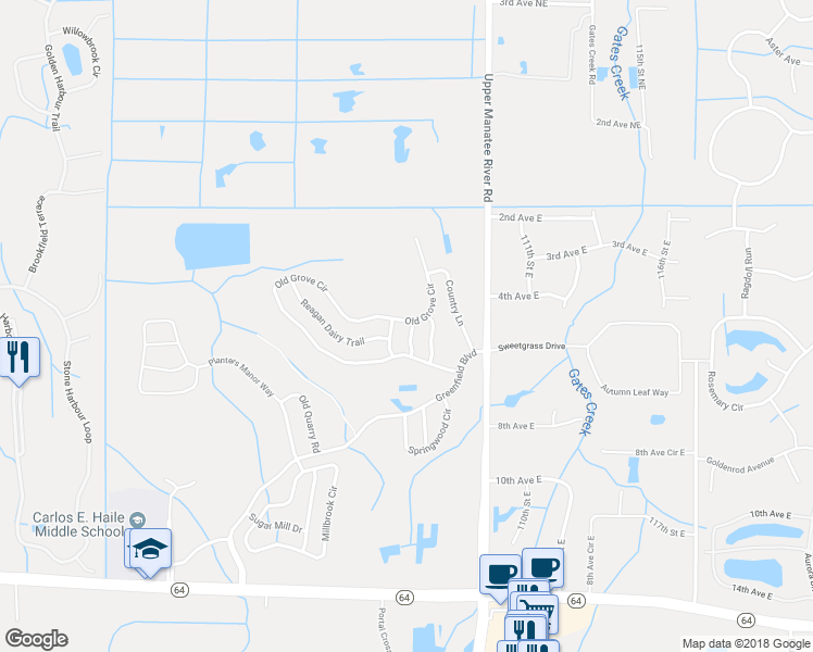 map of restaurants, bars, coffee shops, grocery stores, and more near 504 Pecan Lane in Bradenton