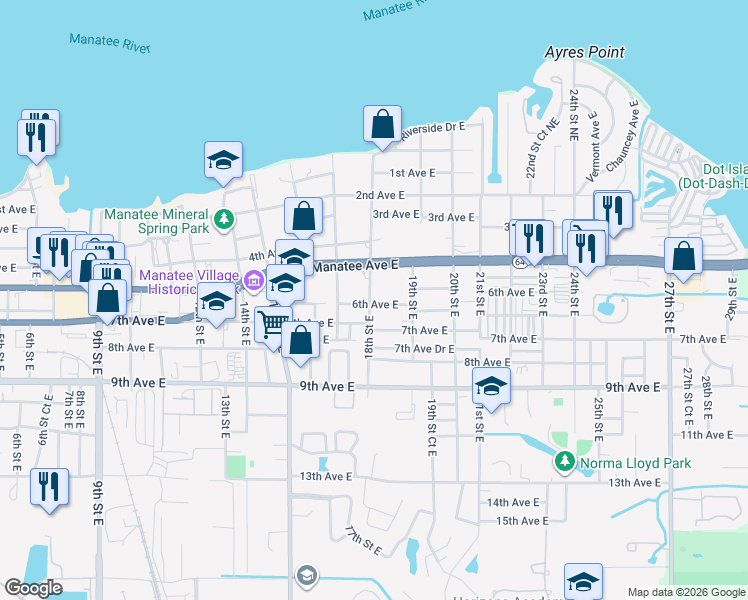 map of restaurants, bars, coffee shops, grocery stores, and more near 520 18th Street East in Bradenton