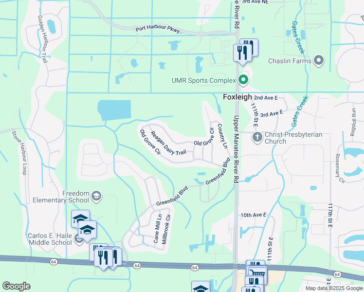 map of restaurants, bars, coffee shops, grocery stores, and more near 10506 Old Grove Circle in Bradenton