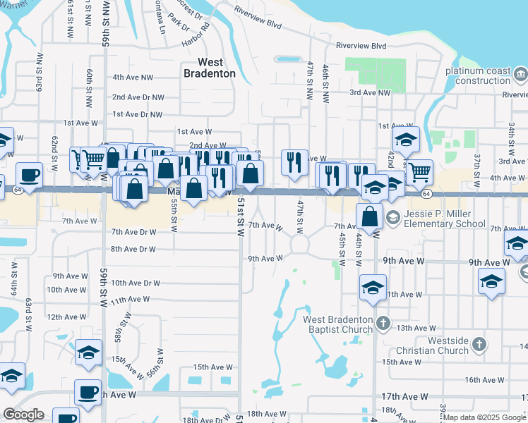map of restaurants, bars, coffee shops, grocery stores, and more near 605 49th Court West in Bradenton