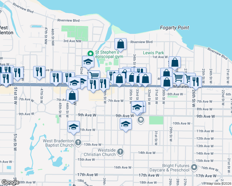 map of restaurants, bars, coffee shops, grocery stores, and more near 515 37th Street West in Bradenton