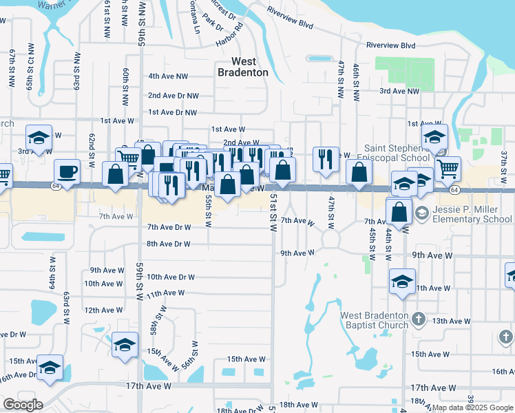 map of restaurants, bars, coffee shops, grocery stores, and more near 5118 6th Avenue Drive West in Bradenton