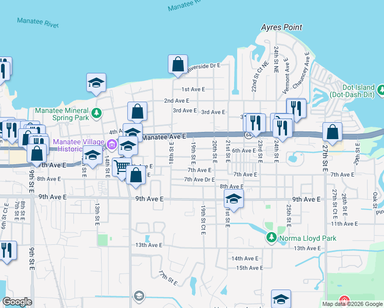 map of restaurants, bars, coffee shops, grocery stores, and more near 1821 6th Avenue East in Bradenton