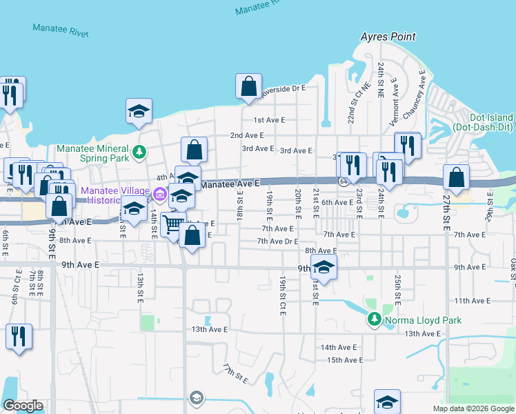map of restaurants, bars, coffee shops, grocery stores, and more near 1821 6th Avenue East in Bradenton