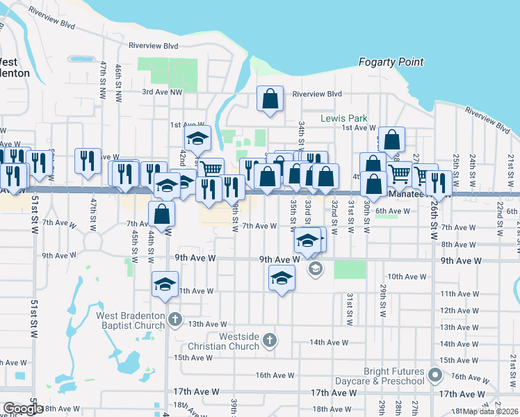 map of restaurants, bars, coffee shops, grocery stores, and more near 515 37th Street West in Bradenton