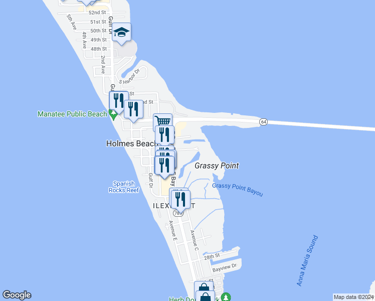 map of restaurants, bars, coffee shops, grocery stores, and more near 3703 East Bay Drive in Holmes Beach