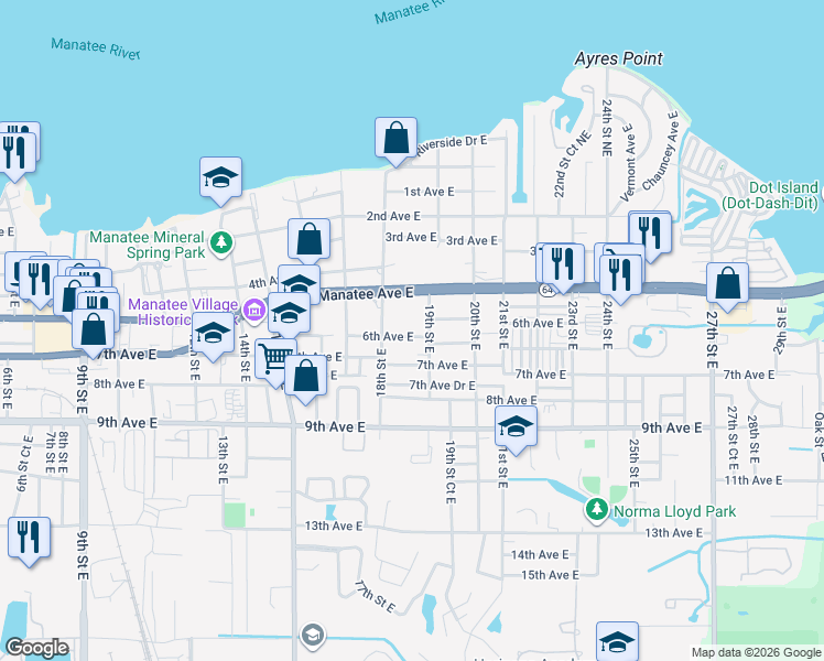 map of restaurants, bars, coffee shops, grocery stores, and more near 1821 6th Avenue East in Bradenton