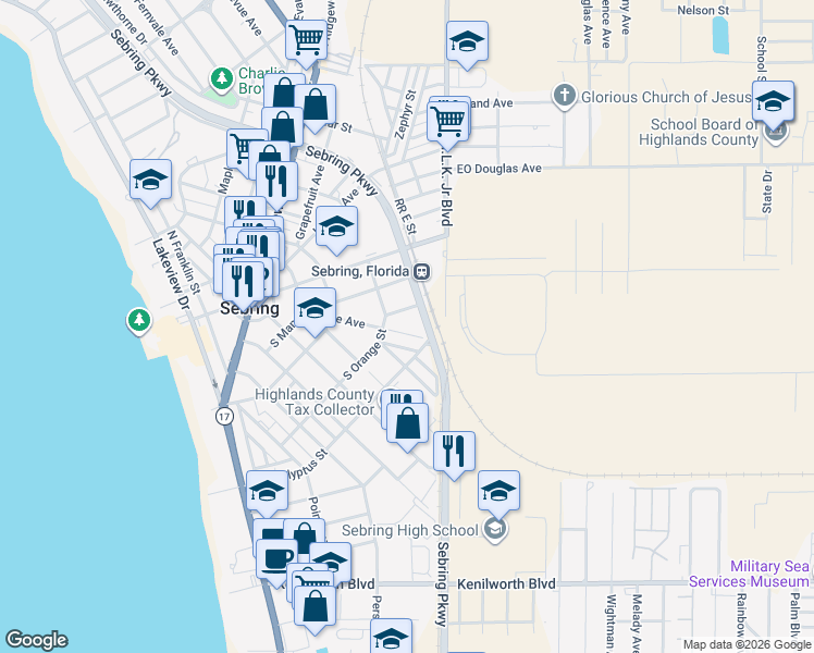 map of restaurants, bars, coffee shops, grocery stores, and more near 542 Rose Avenue in Sebring